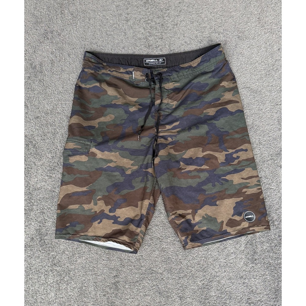 ONeill Hyperfreak Mens Camo Board Shorts Size 32 Camouflage Swim Trunks Green